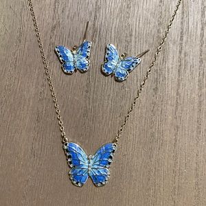 Blue and gold enamel butterfly necklace and earrings
